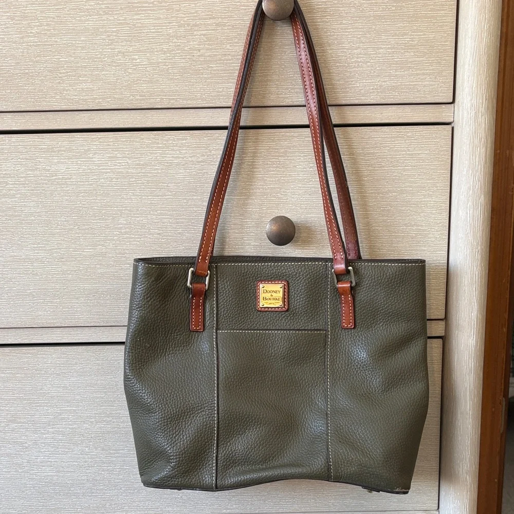 Dooney & Bourke Olive Leather Tote with Brown Handles - Picture 2 of 3